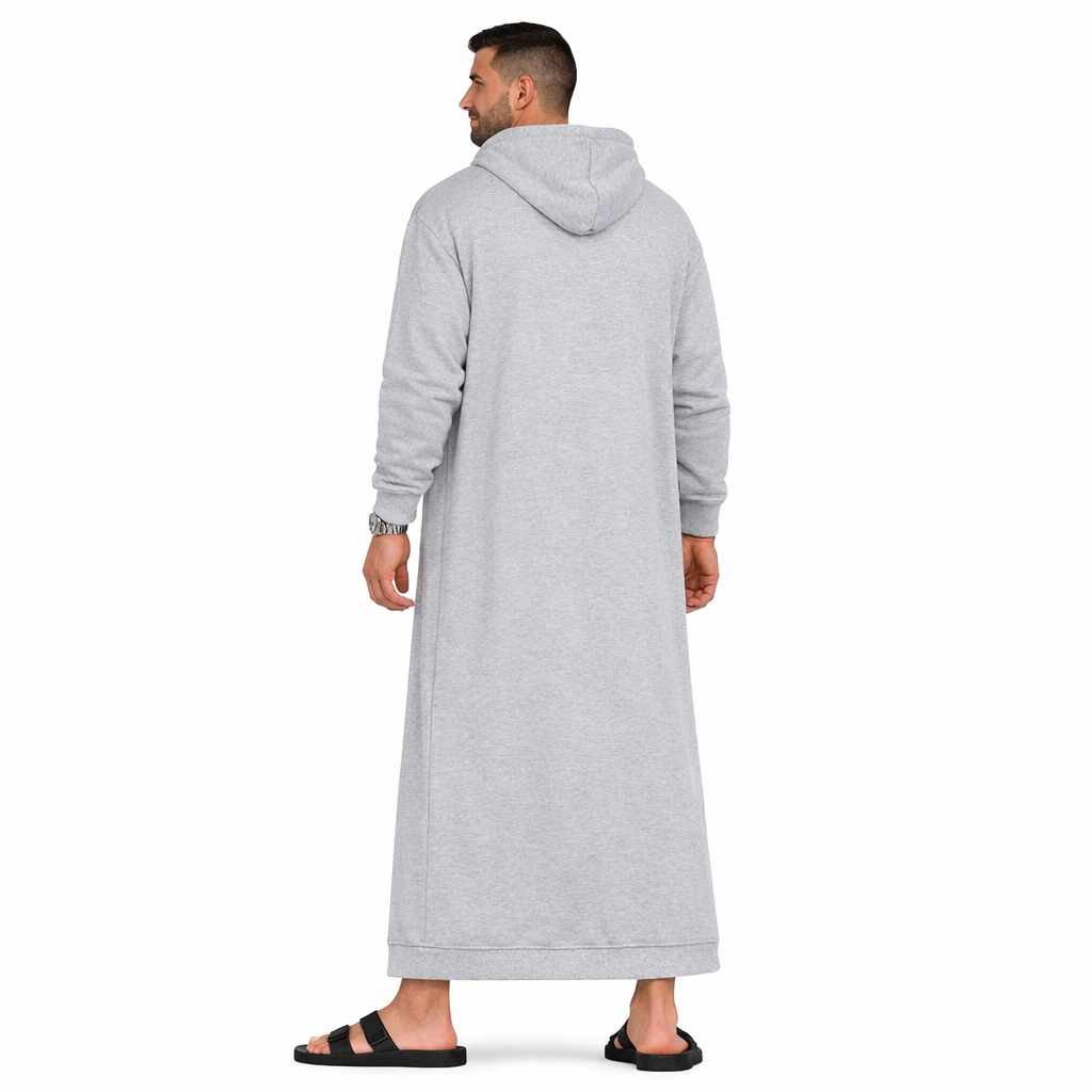Donchie Mens Grey Hoodie Jubbah Thobe Cotton Fleece