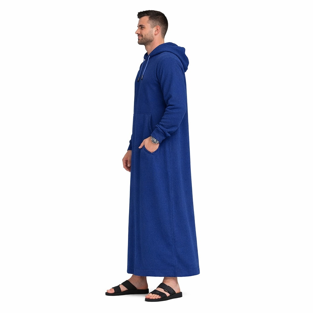 Donchie Mens Navy Hoodie Jubbah Thobe Cotton Fleece