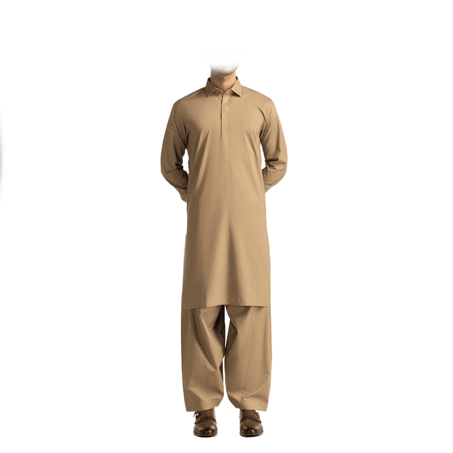 Lamsa Men's Collar Camel Shalwar Kameez Suit
