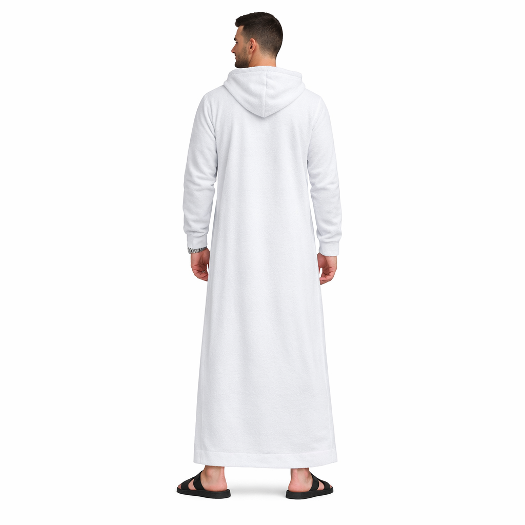 Donchie Men's White Hoodie Jubbah Thobe Cotton Fleece