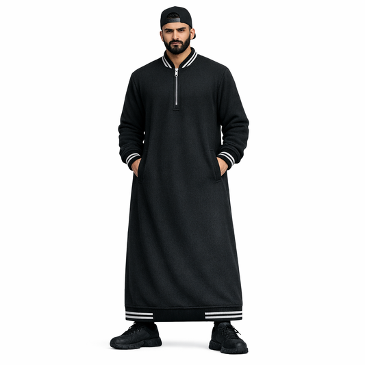 Donchie Men's Black Bomber Jubbah Thobe Cotton Fleece
