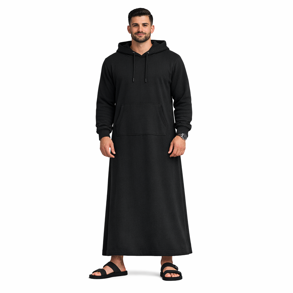 Donchie Men's Black Hoodie Jubbah Thobe Cotton Fleece