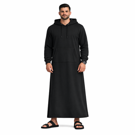 Donchie Men's Black Hoodie Jubbah Thobe Cotton Fleece