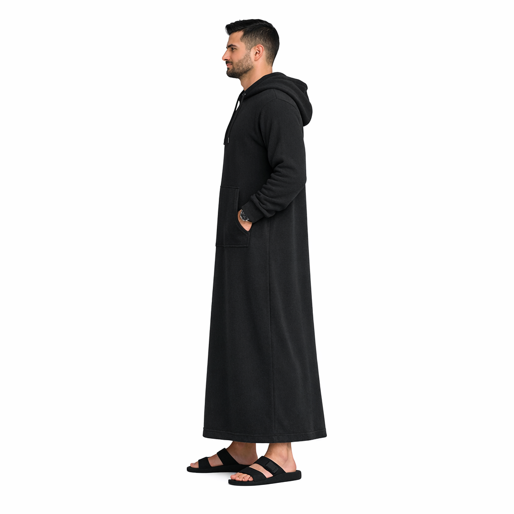 Donchie Men's Black Hoodie Jubbah Thobe Cotton Fleece