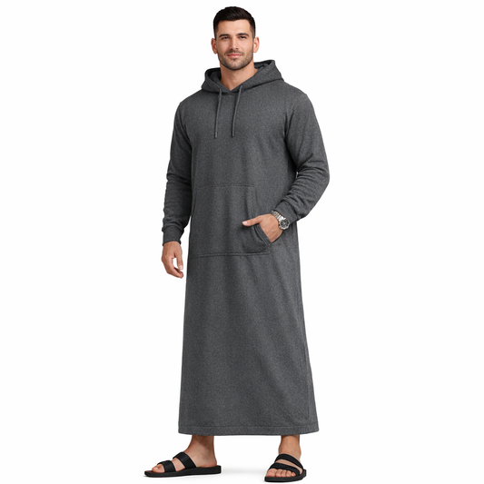 Donchie Men's Charcoal Grey Hoodie Jubbah Thobe Cotton Fleece