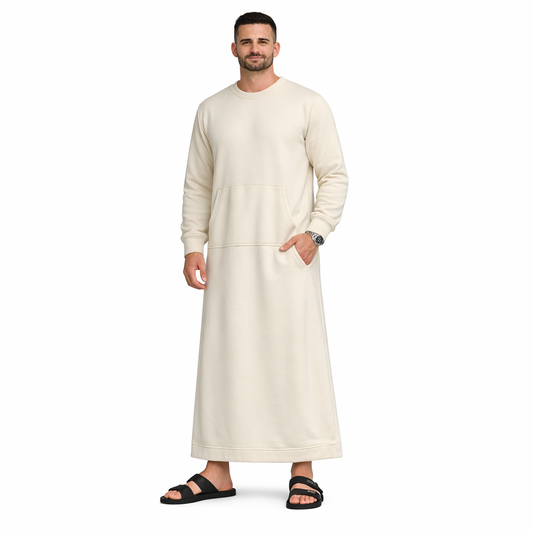 Donchie Men's Cream Sweatshirt Thobe Jubbah Cotton Fleece