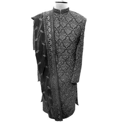 Dahab Men's Black Silver Groom Wedding Sherwani