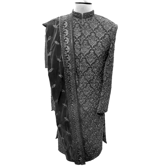 Dahab Men's Black Silver Groom Wedding Sherwani