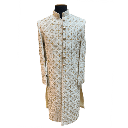 Dahab Men's Cream Groom Wedding Sherwani Overcoat