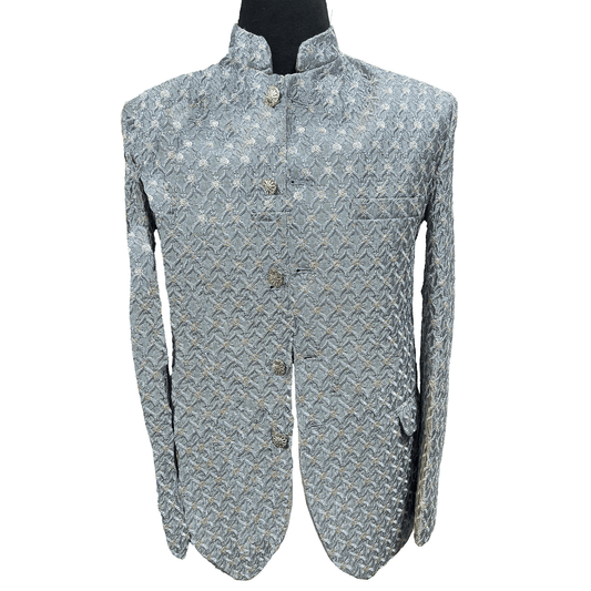 Dahab Men's Silver Blue Embroidery Wedding Prince Coat For Groom