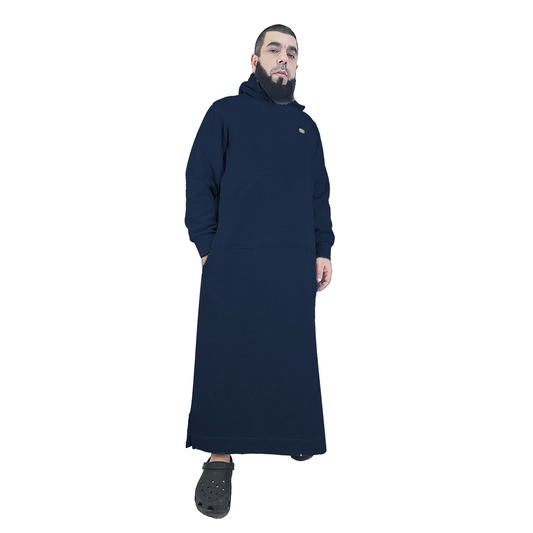 Donchie Mens Navy Hoodie Jubbah Thobe Cotton Fleece