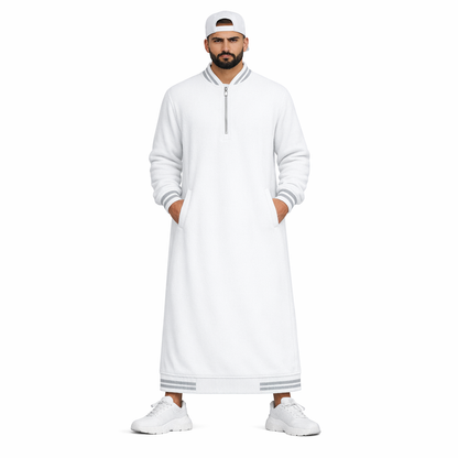 Donchie Men's White Bomber Jubbah Thobe Cotton Fleece