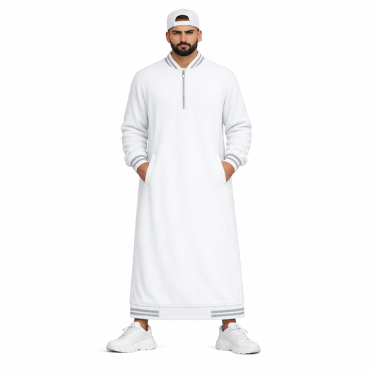 Donchie Men's White Bomber Jubbah Thobe Cotton Fleece
