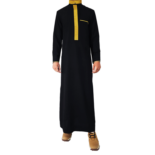 Lamsa Men's Black Jubbah Embroidery Luxury Thobe