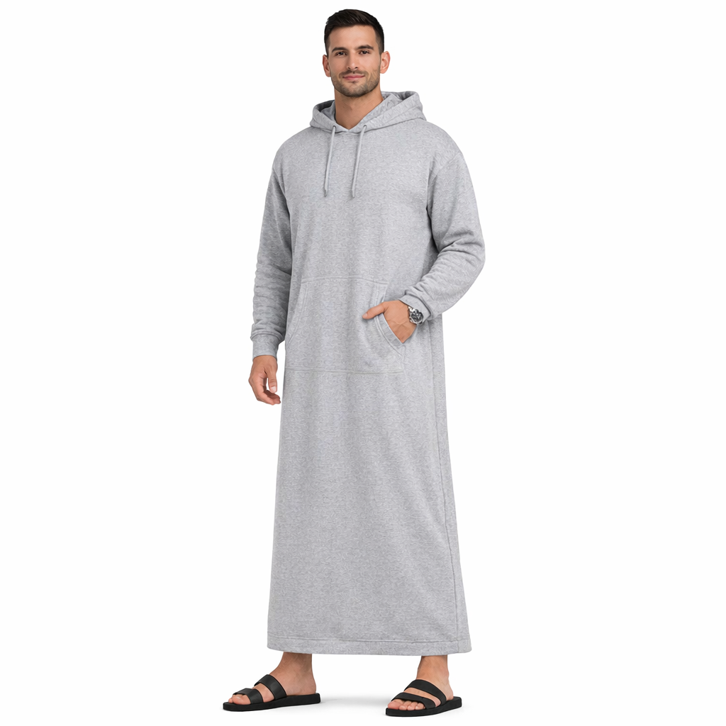 Donchie Mens Grey Hoodie Jubbah Thobe Cotton Fleece