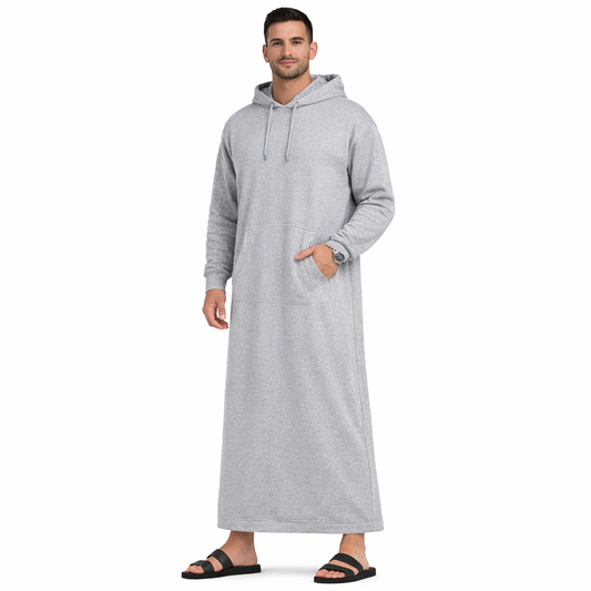 Donchie Mens Grey Hoodie Jubbah Thobe Cotton Fleece