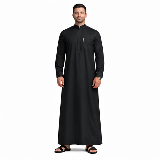 Lamsa Men's Black Saudi Thobe Luxury Jubbah