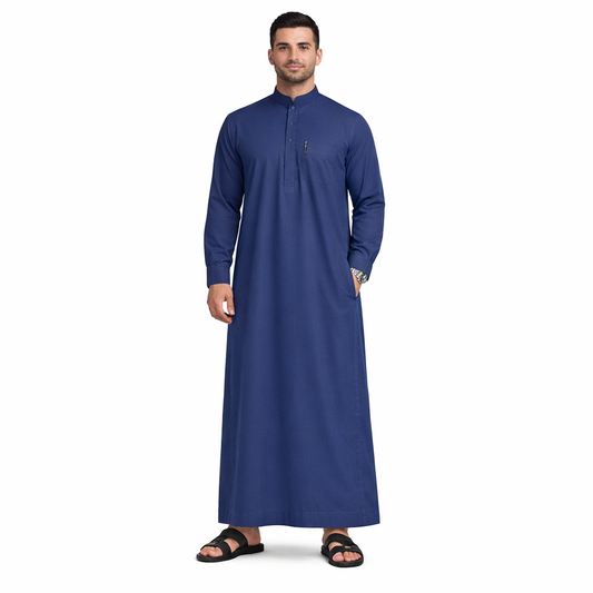 Lamsa Men's Navy Blue Saudi Thobe Luxury Jubbah