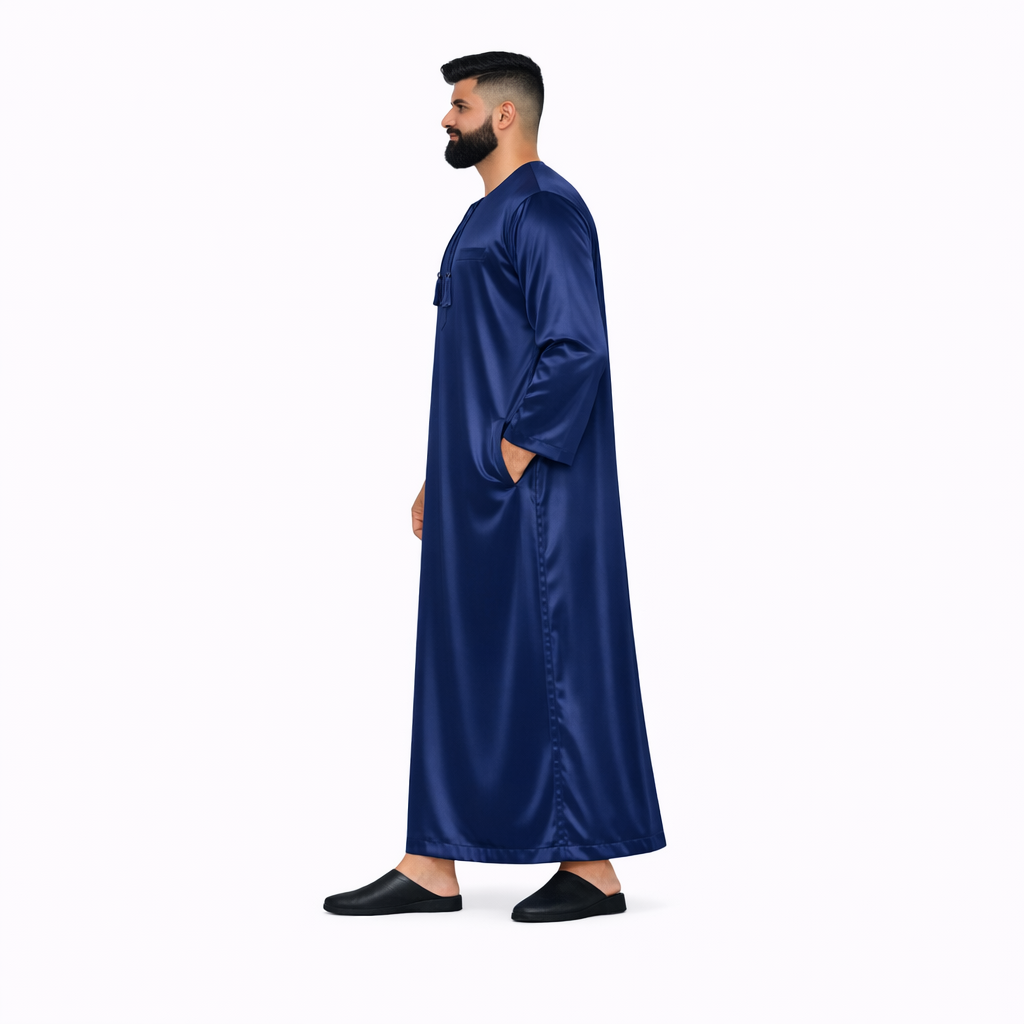 Lamsa Men's Navy Blue Satin Emirati Thobe Jubba