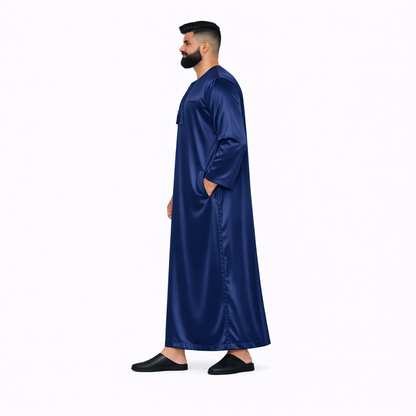Lamsa Men's Navy Blue Satin Emirati Thobe Jubba