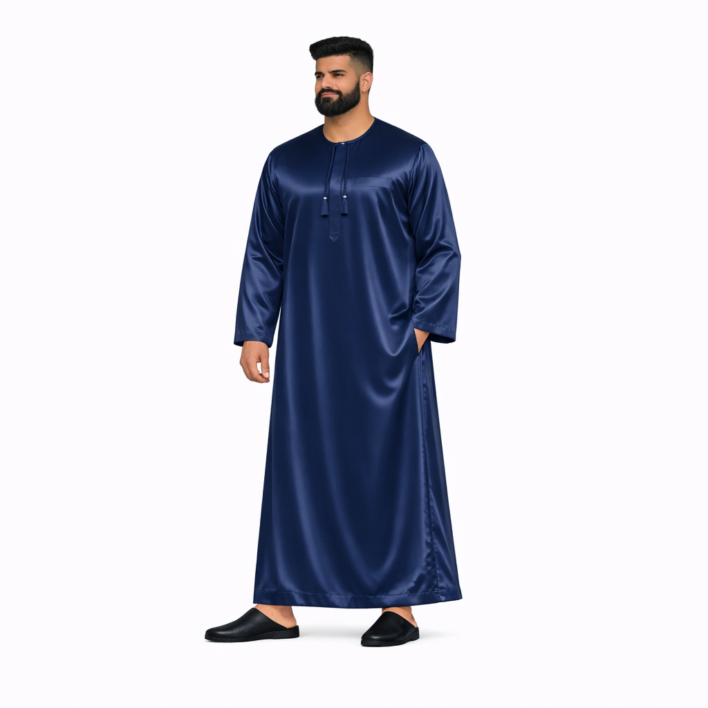 Lamsa Men's Navy Blue Satin Emirati Thobe Jubba