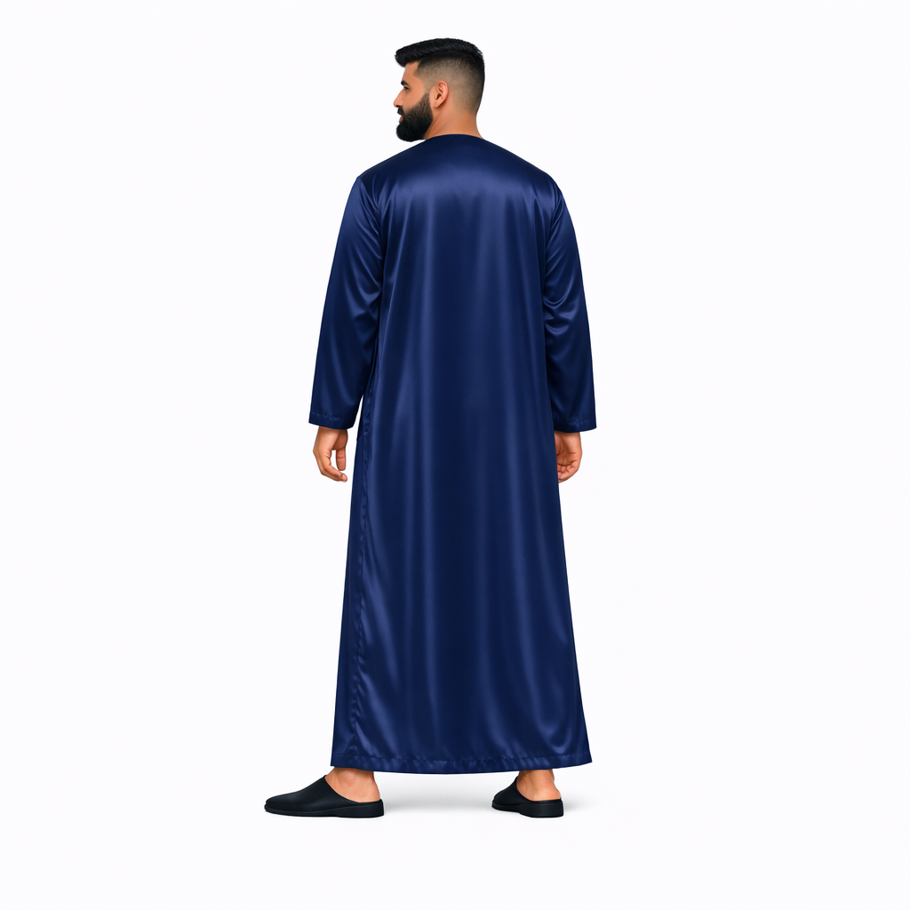 Lamsa Men's Navy Blue Satin Emirati Thobe Jubba
