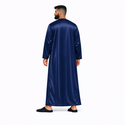 Lamsa Men's Navy Blue Satin Emirati Thobe Jubba