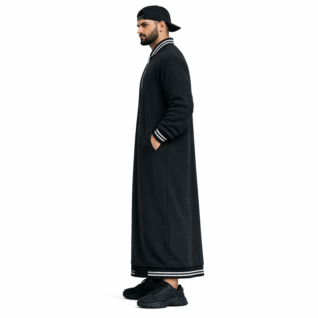 Donchie Men's Black Bomber Jubbah Thobe Cotton Fleece