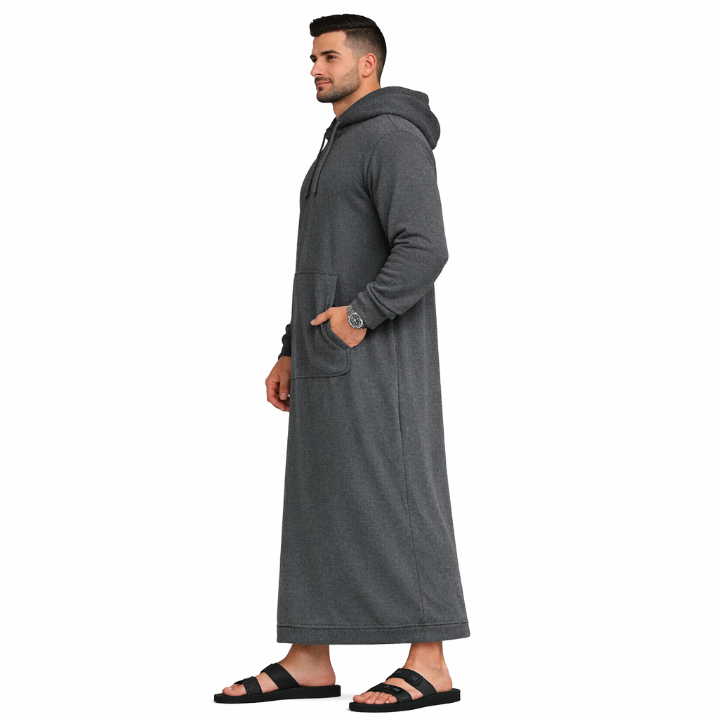 Donchie Men's Charcoal Grey Hoodie Jubbah Thobe Cotton Fleece