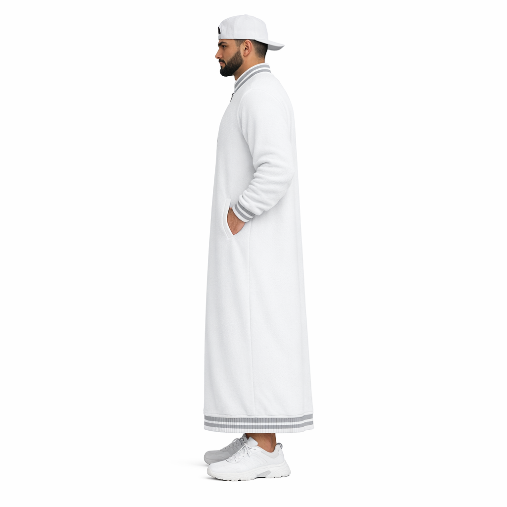 Donchie Men's White Bomber Jubbah Thobe Cotton Fleece