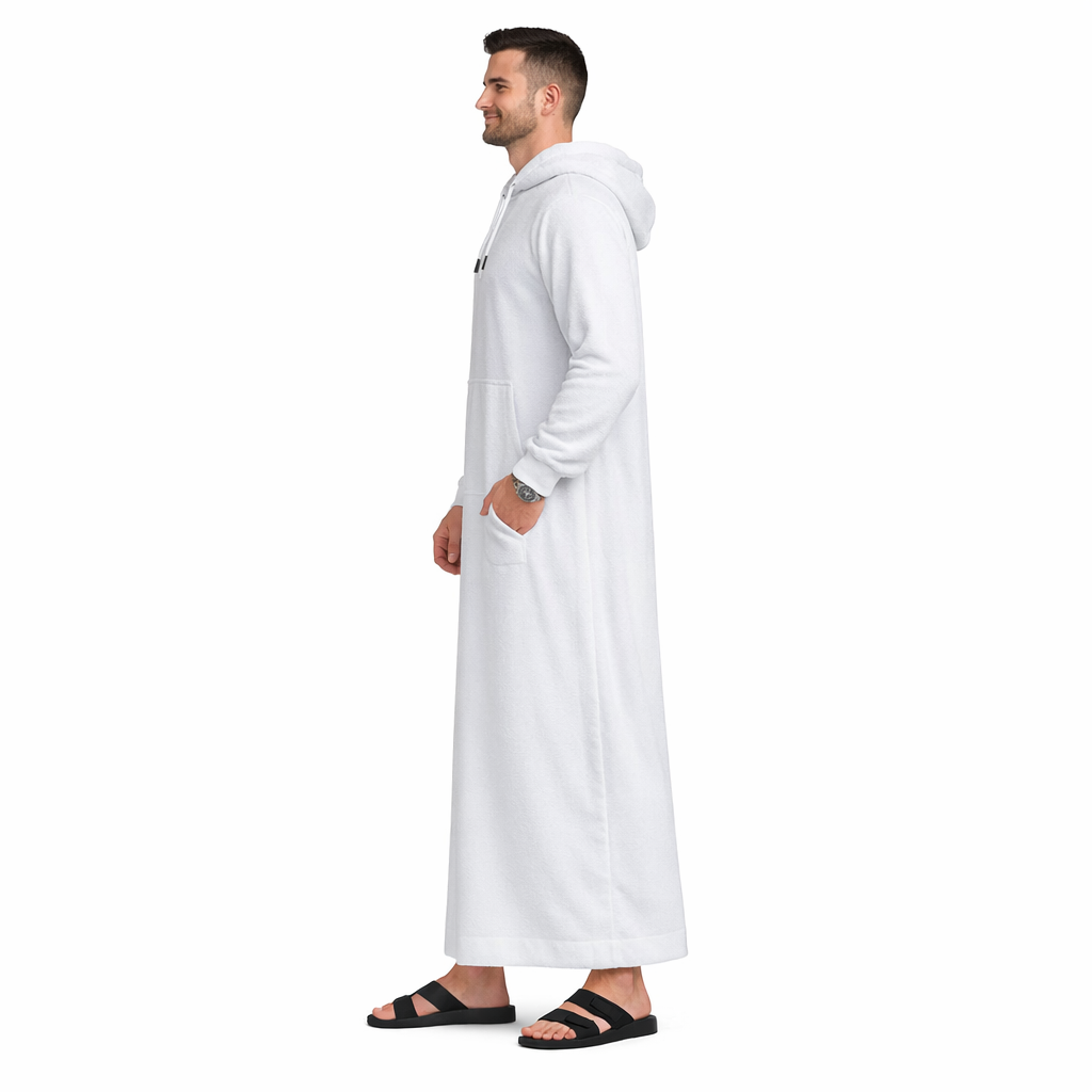Donchie Men's White Hoodie Jubbah Thobe Cotton Fleece