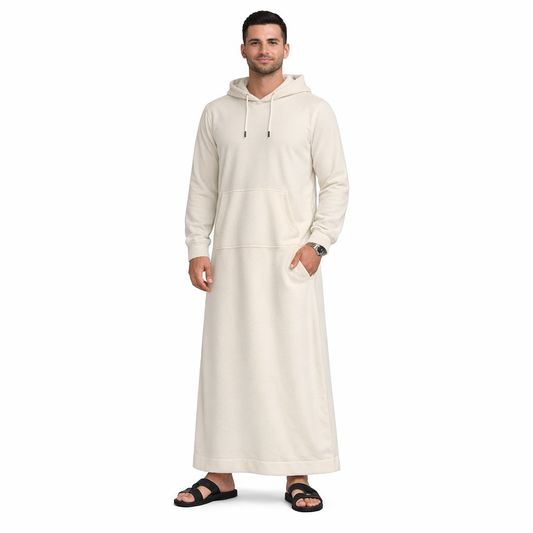 Donchie Men's Cream Hoodie Jubbah Thobe Cotton Fleece