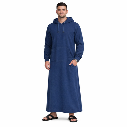 Donchie Mens Navy Hoodie Jubbah Thobe Cotton Fleece