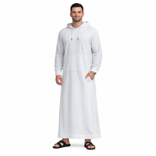 Donchie Men's White Hoodie Jubbah Thobe Cotton Fleece