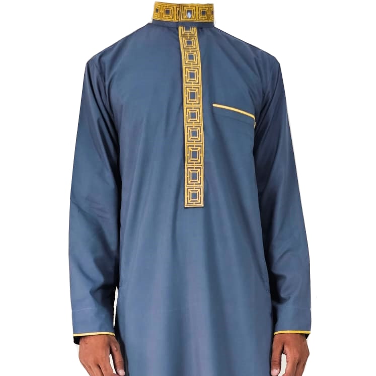 Lamsa Men's Silver Blue Thobe  Luxury Embroidery Jubbah